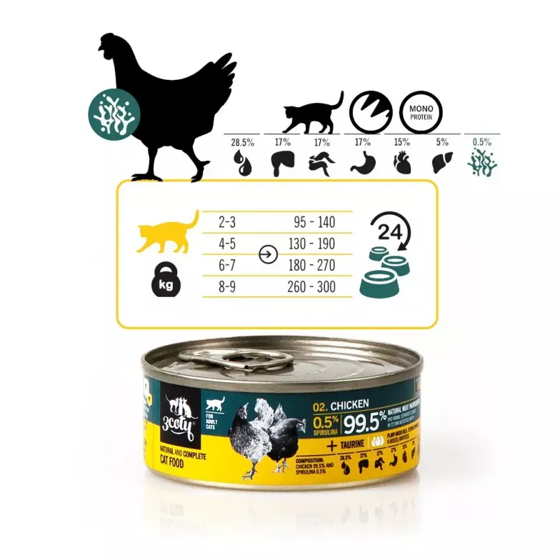 Comida húmida para gatos 3coty frango com spirulina 80 g — alimento completo em lata para gatos adultos