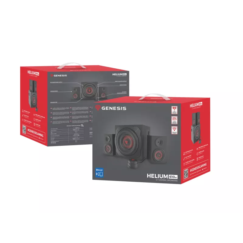 Conjunto de altifalantes GENESIS Helium 610BT 2.1, 60 W RMS, Bluetooth, com fios, vermelho/preto, subwoofer compacto