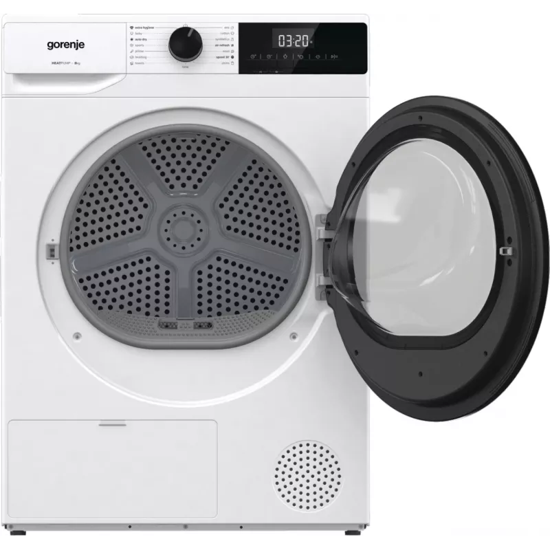 Máquina de secar roupa Gorenje DHNE82 BK040, de livre instalação, carga frontal, bomba de calor, branco, botões, botão rotativo, direita