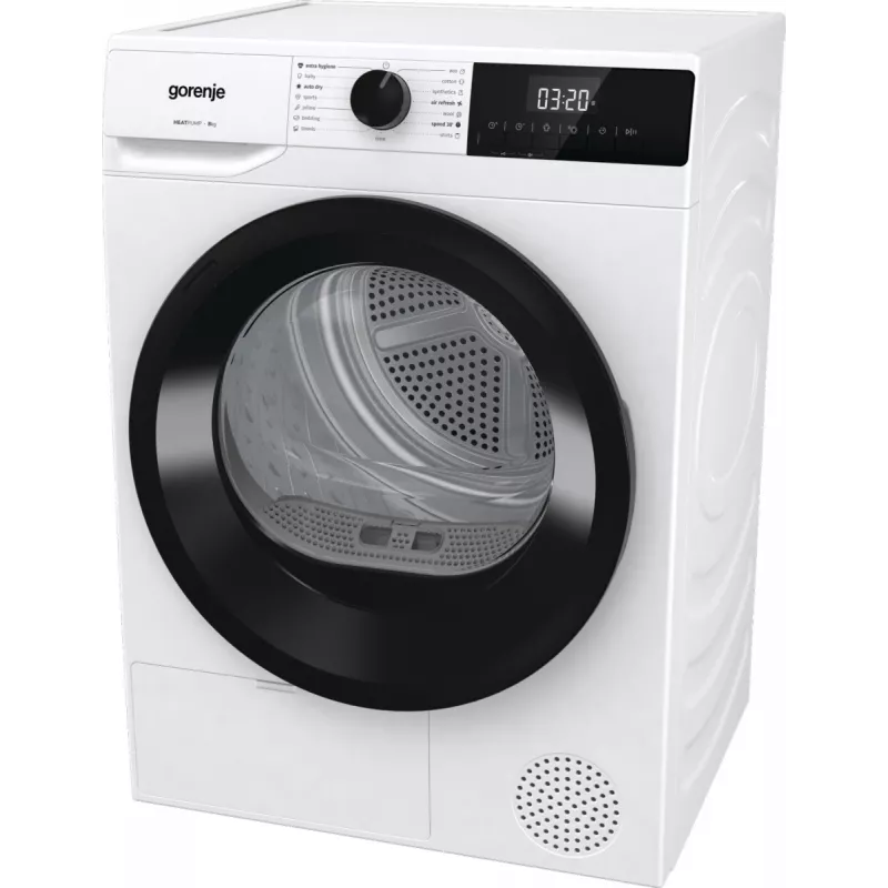 Máquina de secar roupa Gorenje DHNE82 BK040, de livre instalação, carga frontal, bomba de calor, branco, botões, botão rotativo, direita
