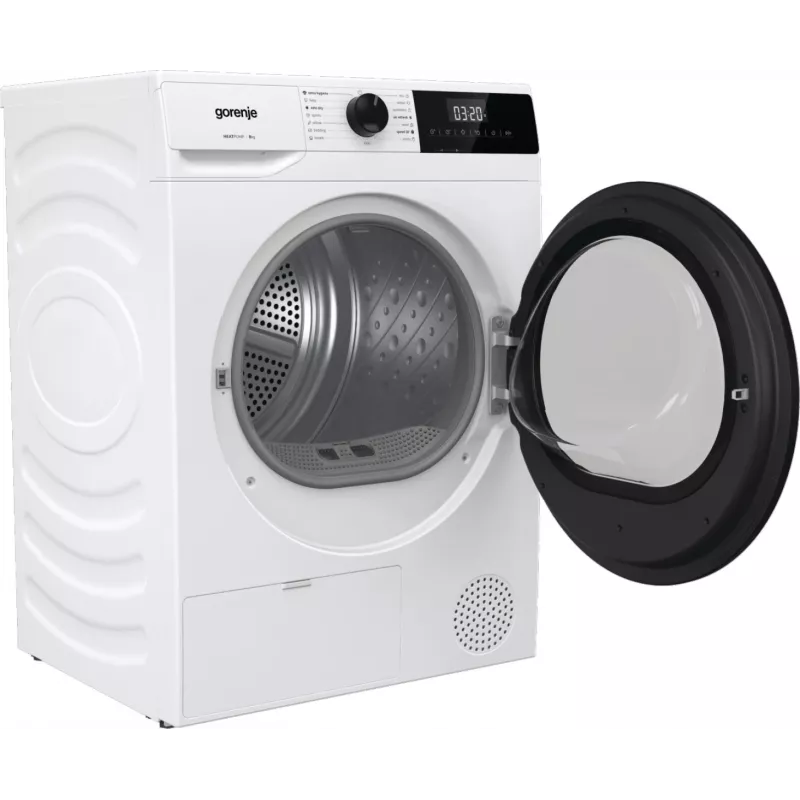 Máquina de secar roupa Gorenje DHNE82 BK040, de livre instalação, carga frontal, bomba de calor, branco, botões, botão rotativo, direita