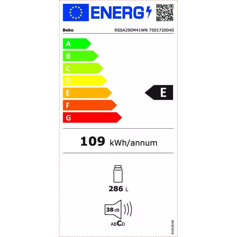 Frigorífico independente BEKO RSSA290M41WN — 286 L de capacidade, classe energética E, 38 dB, branco