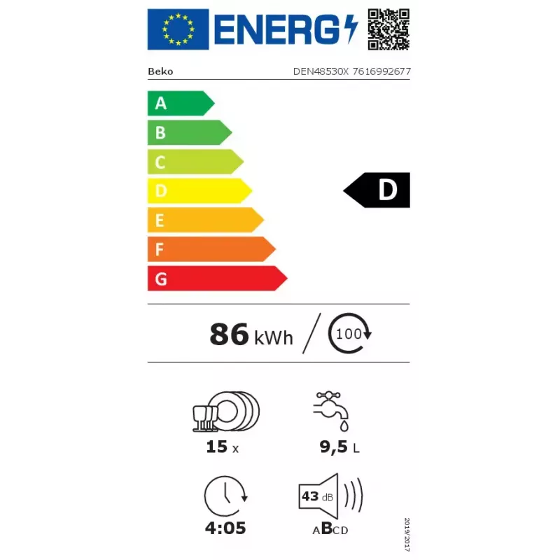 Máquina de lavar loiça independente BEKO DEN48530X, 15 conjuntos de louça, 8 programas, 44 dB, 598×850×600 mm