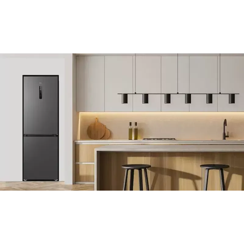Frigorífico TCL RP340BSD1 — combinado independente, 185 cm, No Frost, compartimento de refrigeração 223 L, compartimento de congelação 117 L, ecrã, 35 dB, classe energética D, cinzento