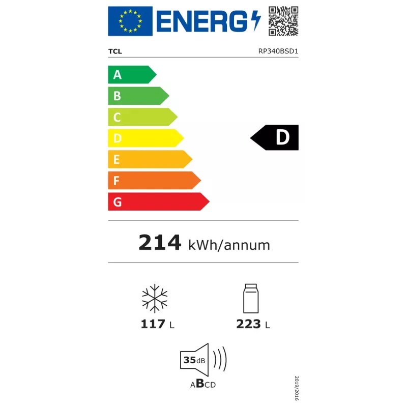 Frigorífico TCL RP340BSD1 — combinado independente, 185 cm, No Frost, compartimento de refrigeração 223 L, compartimento de congelação 117 L, ecrã, 35 dB, classe energética D, cinzento