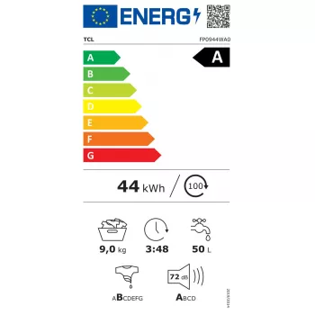 Máquina de lavar roupa TCL FP0944WA0 — carga frontal, 9 kg, 1400 rpm, classe A, visor LED, vapor, 60×56×85 cm, branco