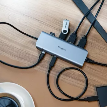 Targus Dock móvel de vídeo duplo com 140W EPR Pass-Thru, com fios, USB 3.2 Gen 2 (3.1 Gen 2) Type-C, 140 W, 1000 Mbit/s, cinzento, 10 Gbit/s