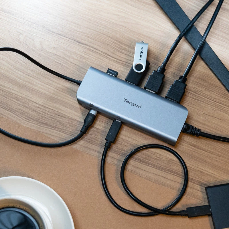 Targus Dock móvel de vídeo duplo com 140W EPR Pass-Thru, com fios, USB 3.2 Gen 2 (3.1 Gen 2) Type-C, 140 W, 1000 Mbit/s, cinzento, 10 Gbit/s