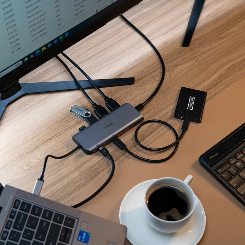 Targus Dock móvel de vídeo duplo com 140W EPR Pass-Thru, com fios, USB 3.2 Gen 2 (3.1 Gen 2) Type-C, 140 W, 1000 Mbit/s, cinzento, 10 Gbit/s