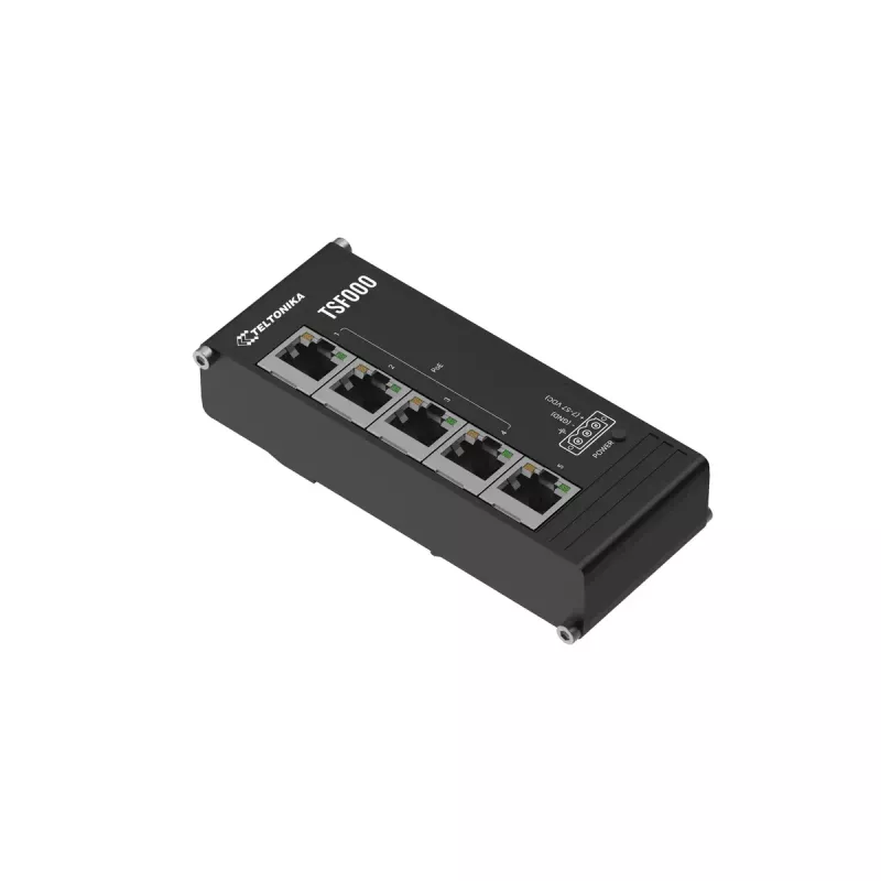 Switch Fast Ethernet PoE não gerido de secretária Teltonika TSF000 — 5× 10/100 RJ-45, IEEE 802.3af/at, DC 7–57 V, preto