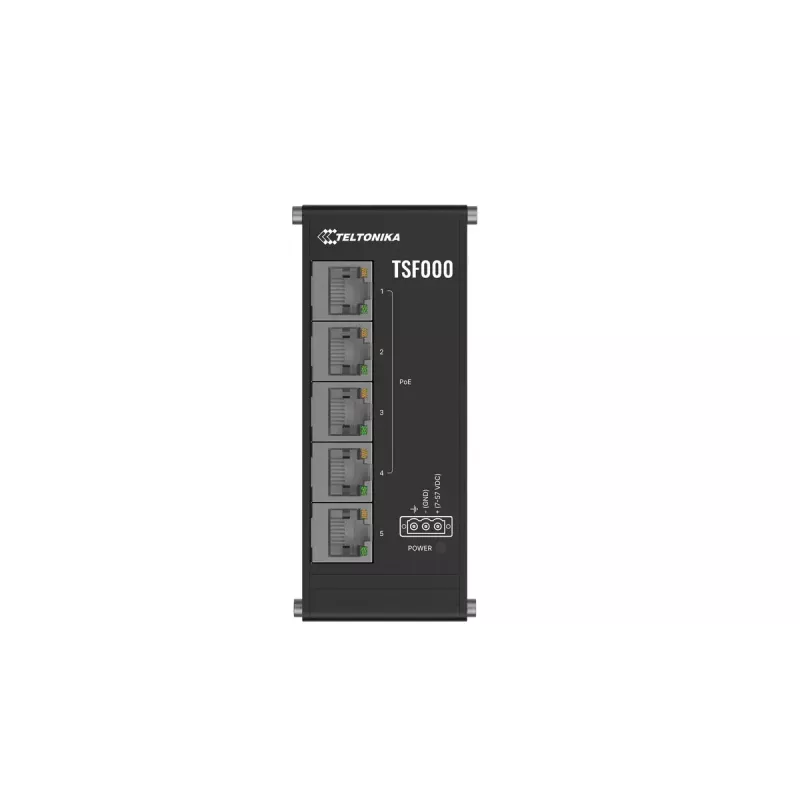 Switch Fast Ethernet PoE não gerido de secretária Teltonika TSF000 — 5× 10/100 RJ-45, IEEE 802.3af/at, DC 7–57 V, preto