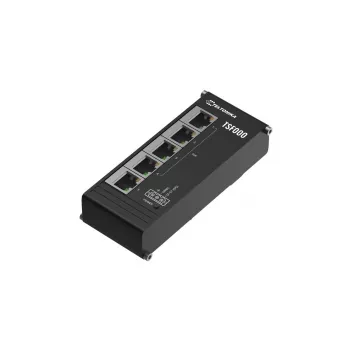 Switch Fast Ethernet PoE não gerido de secretária Teltonika TSF000 — 5× 10/100 RJ-45, IEEE 802.3af/at, DC 7–57 V, preto