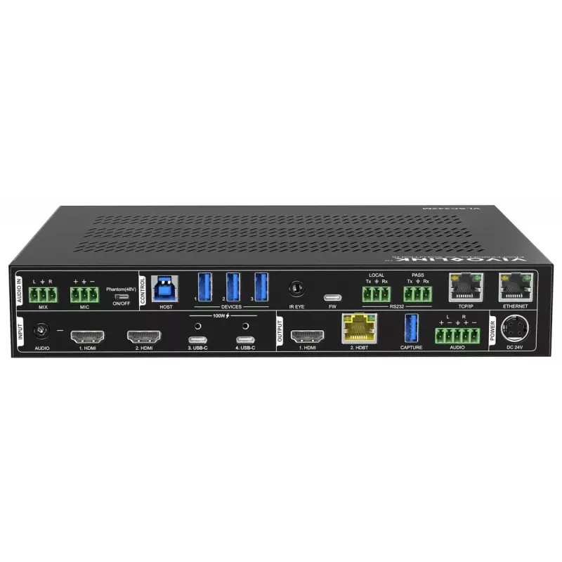 Escalador de vídeo Vivolink VLSC242M, caixa metálica, HDCP 1.4/2.2, AC 110–230V, 250×200×44 mm