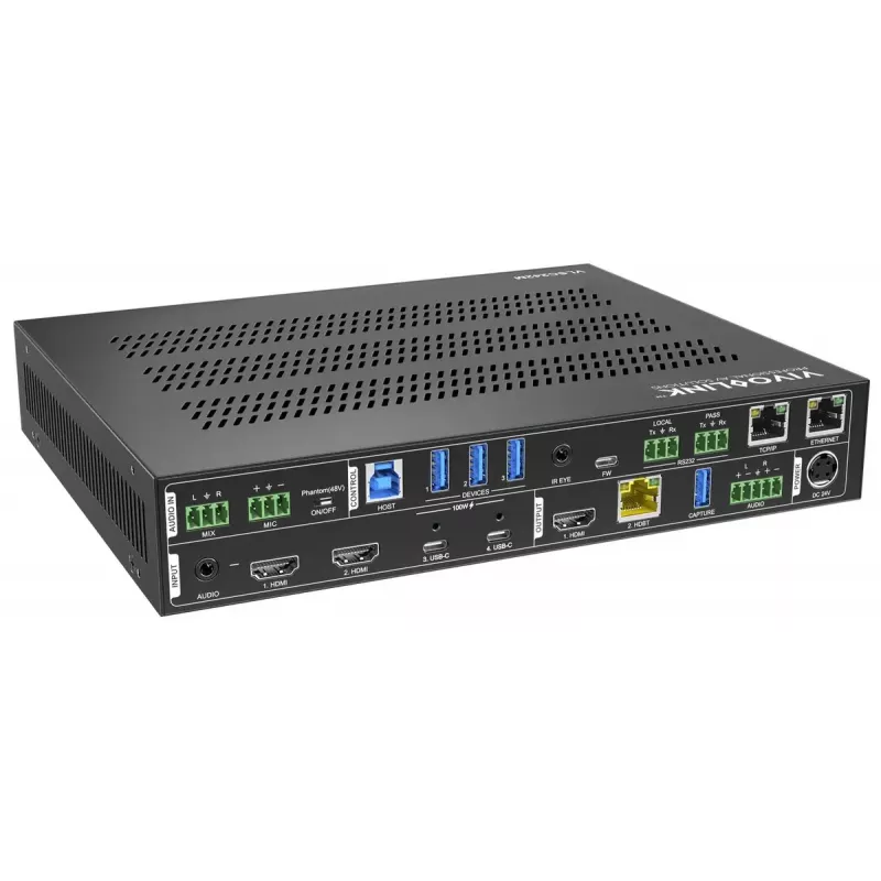Escalador de vídeo Vivolink VLSC242M, caixa metálica, HDCP 1.4/2.2, AC 110–230V, 250×200×44 mm