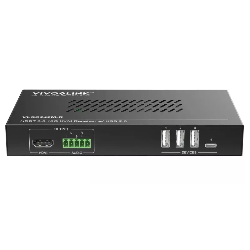 Escalador de vídeo Vivolink VLSC242M, caixa metálica, HDCP 1.4/2.2, AC 110–230V, 250×200×44 mm