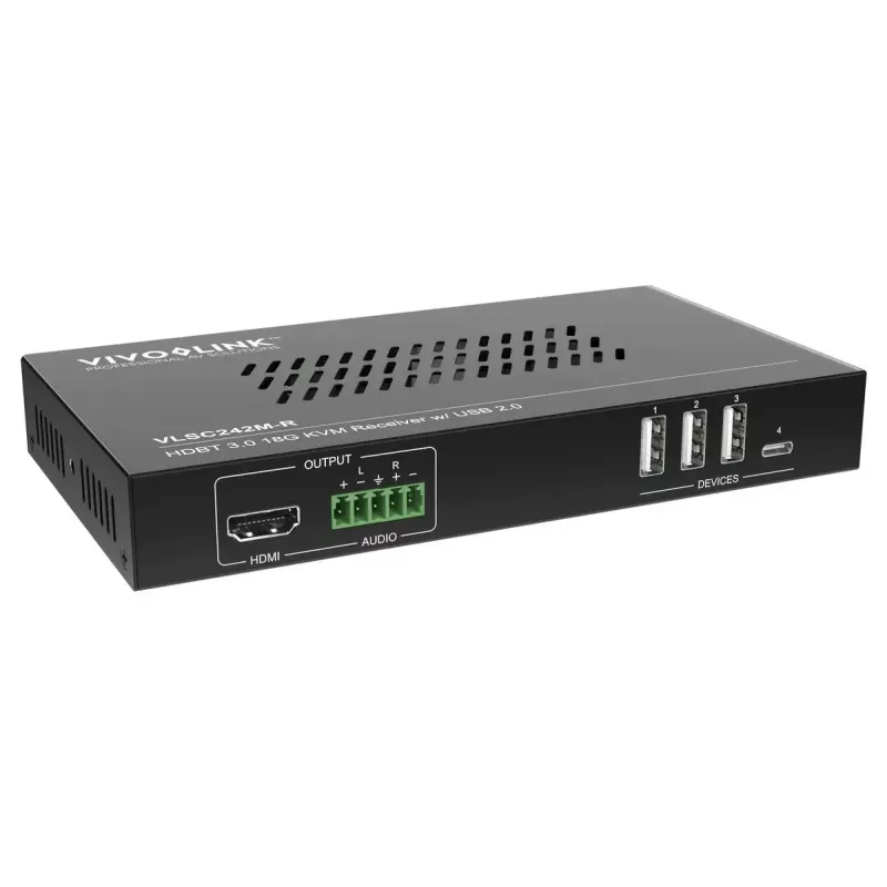 Escalador de vídeo Vivolink VLSC242M, caixa metálica, HDCP 1.4/2.2, AC 110–230V, 250×200×44 mm
