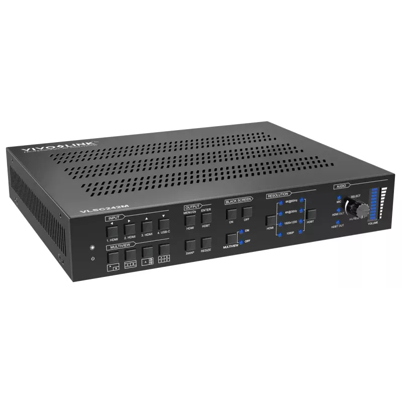 Escalador de vídeo Vivolink VLSC242M, caixa metálica, HDCP 1.4/2.2, AC 110–230V, 250×200×44 mm