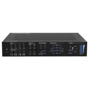 Escalador de vídeo Vivolink VLSC242M, caixa metálica, HDCP 1.4/2.2, AC 110–230V, 250×200×44 mm