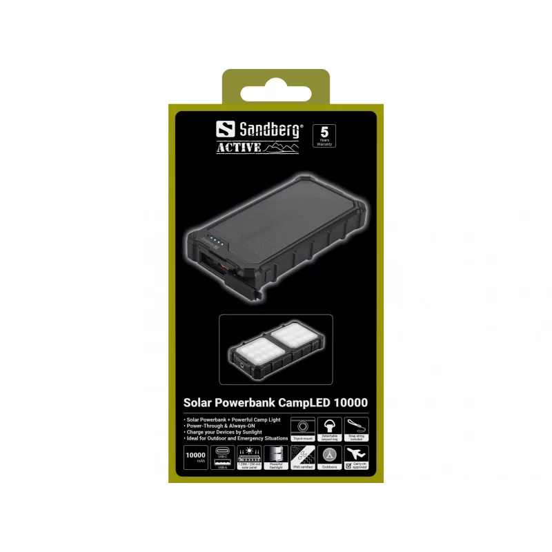 Powerbank solar Sandberg CampLED 10000, 10000 mAh, Programmable Power Supply (PPS), 3,7 V, 15 W, preto
