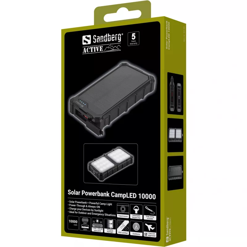 Powerbank solar Sandberg CampLED 10000, 10000 mAh, Programmable Power Supply (PPS), 3,7 V, 15 W, preto