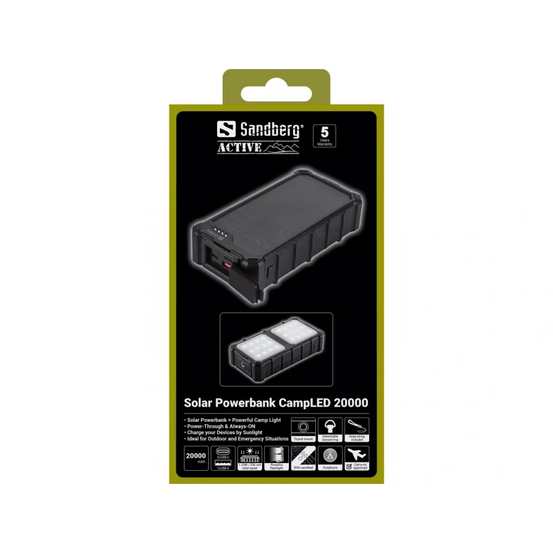 Powerbank solar Sandberg CampLED 20000, 20000 mAh, Programmable Power Supply (PPS), 3,7 V, 15 W, preto