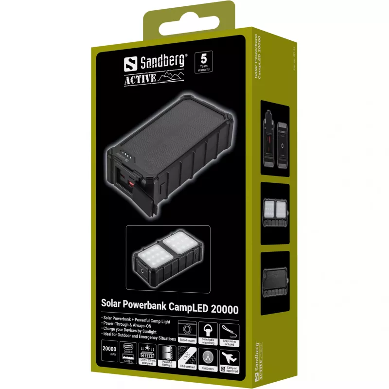 Powerbank solar Sandberg CampLED 20000, 20000 mAh, Programmable Power Supply (PPS), 3,7 V, 15 W, preto
