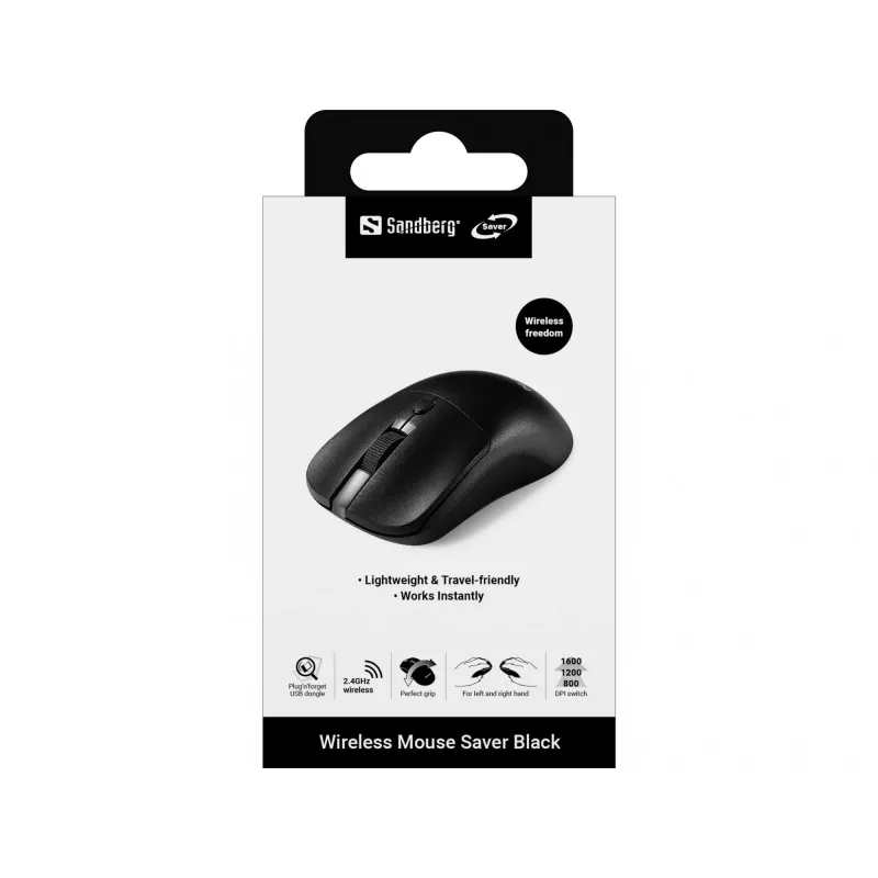 Rato sem fios Sandberg Saver preto, ambidestro, RF Wireless, 1600 DPI, preto