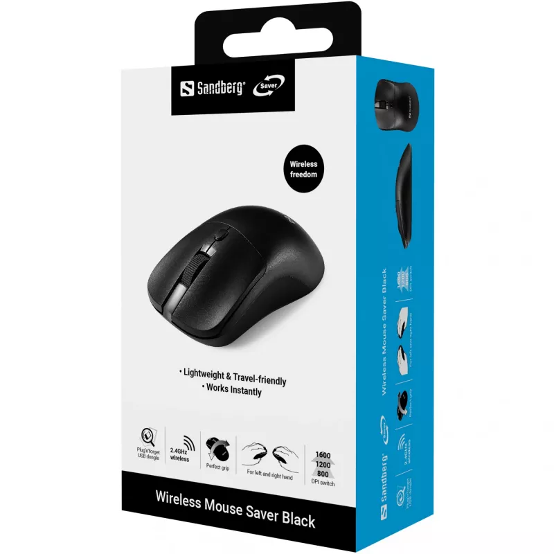 Rato sem fios Sandberg Saver preto, ambidestro, RF Wireless, 1600 DPI, preto