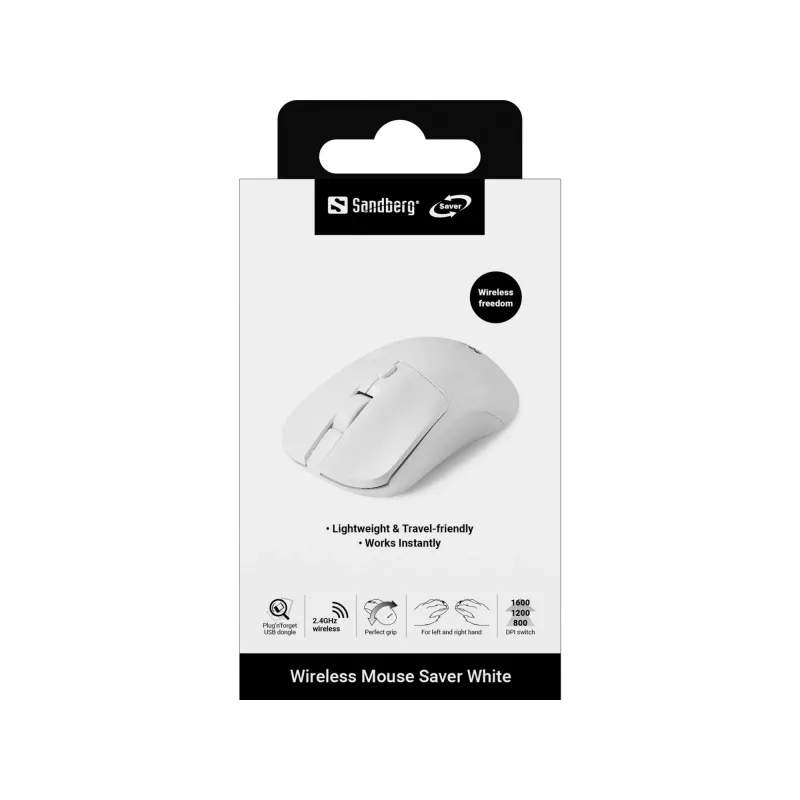 Rato sem fios Sandberg Saver branco, ambidestro, RF Wireless, 1600 DPI, branco