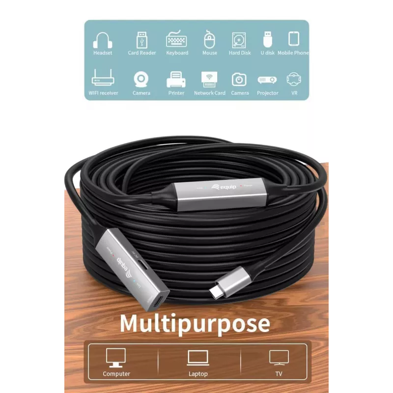 Cabo de extensão ativo USB-C para USB-C EQUIP 10 m, USB 3.2 Gen 1 (5 Gbit/s), preto