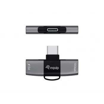 Adaptador USB-C OTG 2-em-1 EQUIP 133479 — 100W PD, 10Gbit/s, 1x USB-C para 2x USB-C, cinzento