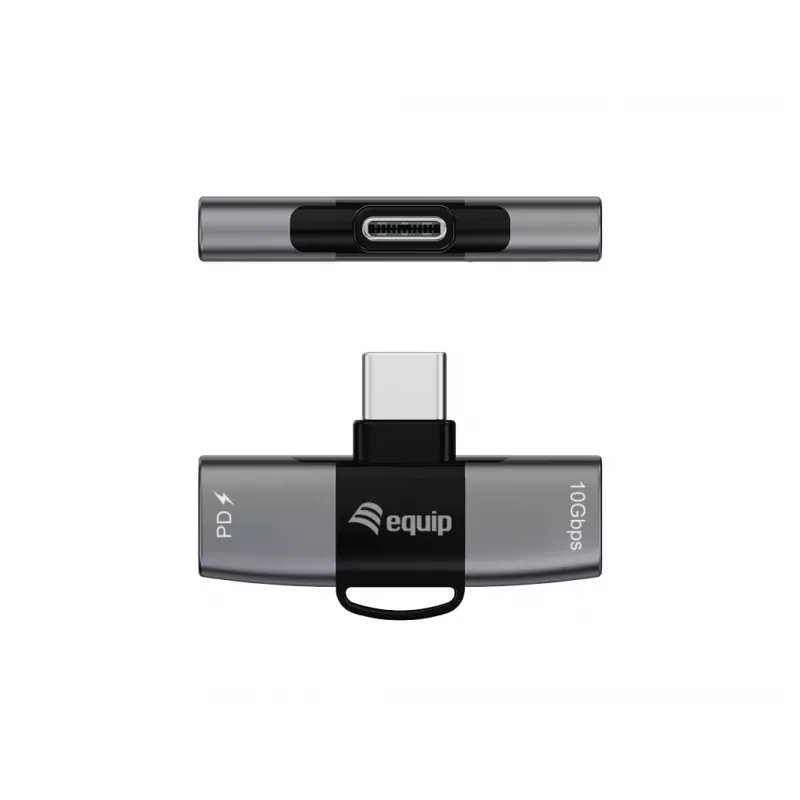 Adaptador USB-C OTG 2-em-1 EQUIP 133479 — 100W PD, 10Gbit/s, 1x USB-C para 2x USB-C, cinzento