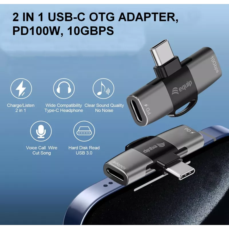Adaptador USB-C OTG 2-em-1 EQUIP 133479 — 100W PD, 10Gbit/s, 1x USB-C para 2x USB-C, cinzento