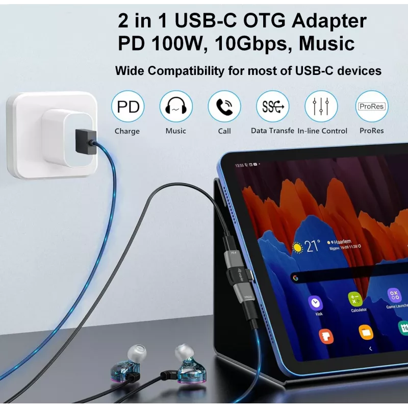 Adaptador USB-C OTG 2-em-1 EQUIP 133479 — 100W PD, 10Gbit/s, 1x USB-C para 2x USB-C, cinzento