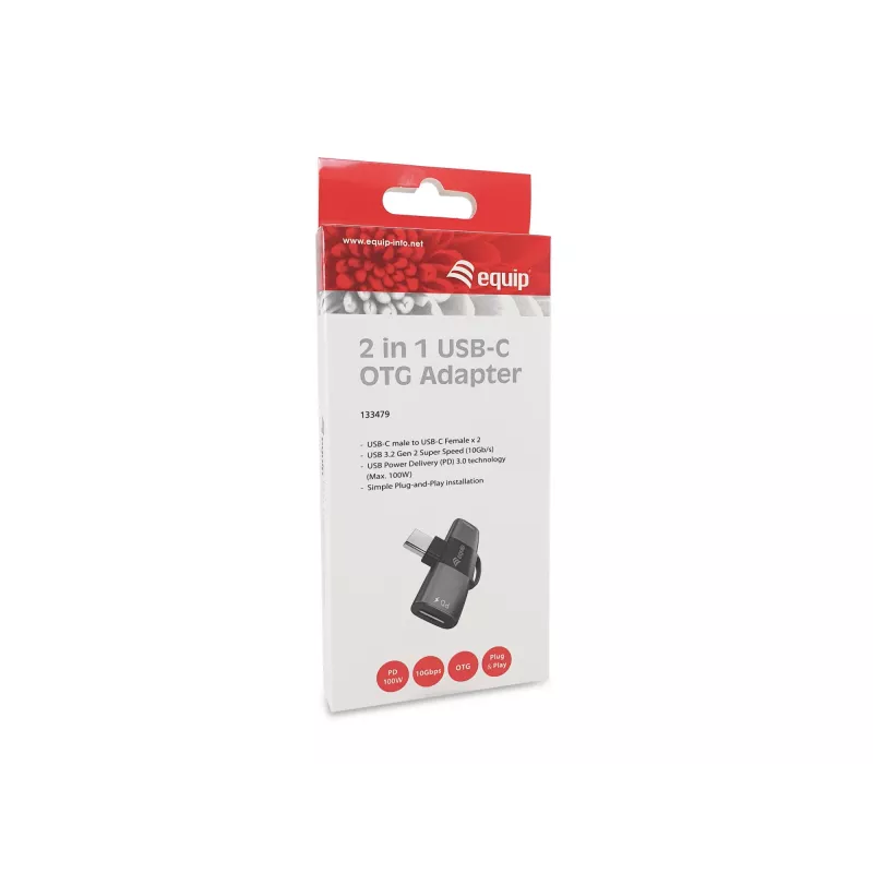 Adaptador USB-C OTG 2-em-1 EQUIP 133479 — 100W PD, 10Gbit/s, 1x USB-C para 2x USB-C, cinzento
