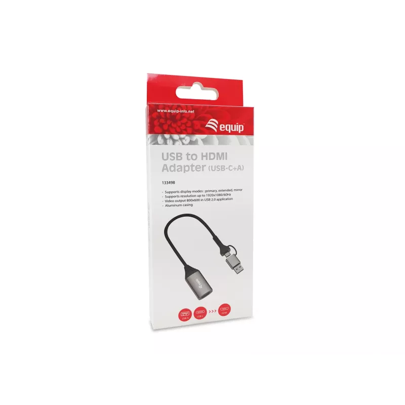 Adaptador USB para HDMI EQUIP 133498 (ficha USB-C e USB-A para HDMI, 1080p, caixa em alumínio, cinzento)