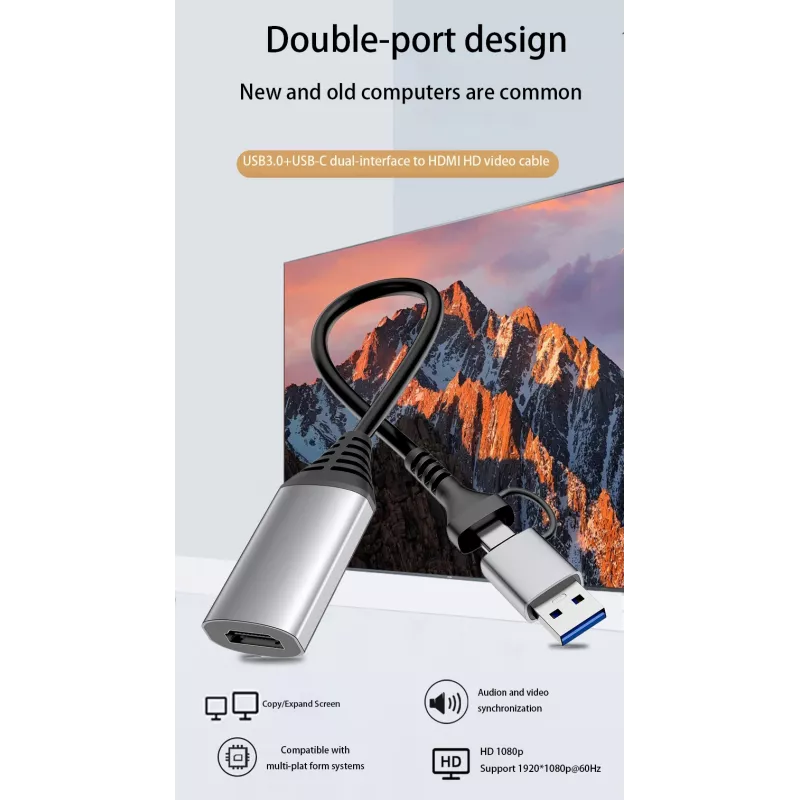 Adaptador USB para HDMI EQUIP 133498 (ficha USB-C e USB-A para HDMI, 1080p, caixa em alumínio, cinzento)