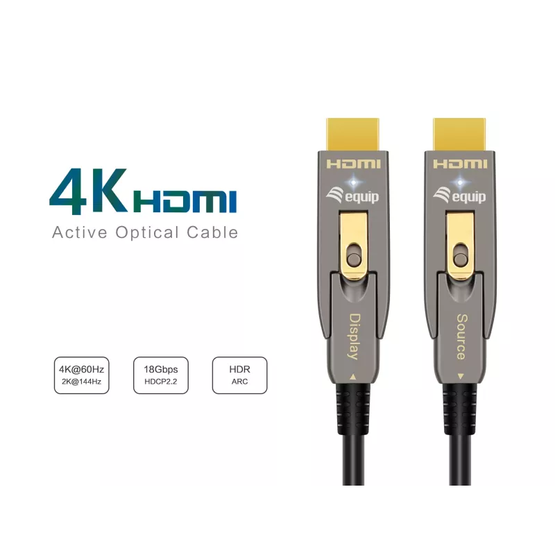 Cabo ótico ativo HDMI 2.0 EQUIP 30 m com fichas Type-D e Type-A removíveis, 4K/60 Hz, 18 Gbit/s, contactos dourados