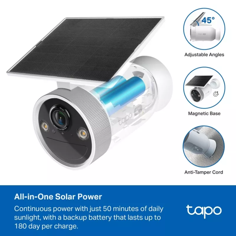 Câmara de segurança solar com IA melhorada TP-Link Tapo Ultra, sem fios, Bullet, Wi-Fi, exterior, 850 nm, 512 GB