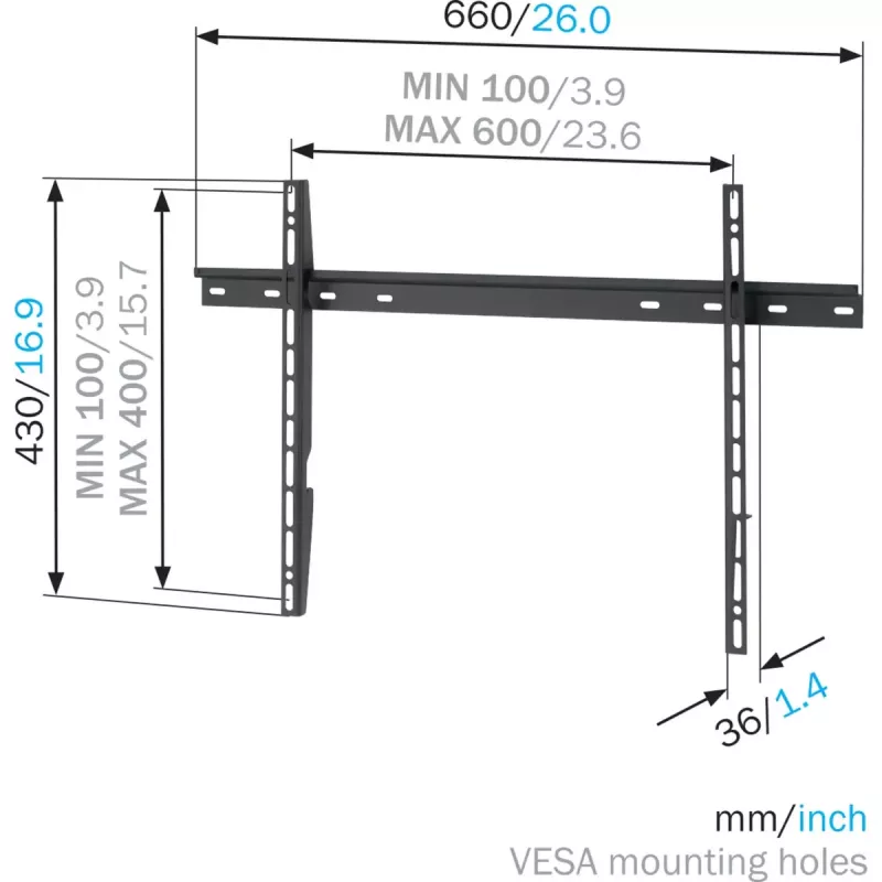 Suporte de parede Vogel's MNT 300 para ecrãs planos até 2,03 m (80 polegadas), capacidade de carga 100 kg, VESA 100x100–600x400, Preto