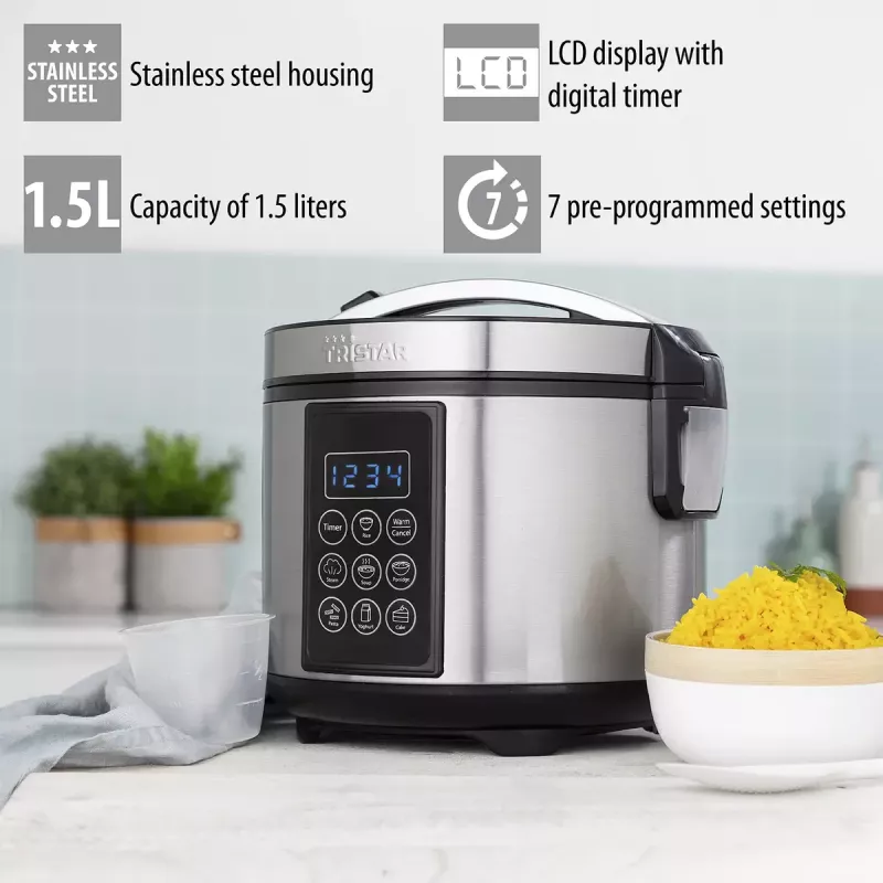 Panela elétrica Tristar RK-6132 — 1,5 L, 500 W, 7 programas automáticos, LCD, aço inoxidável/preto
