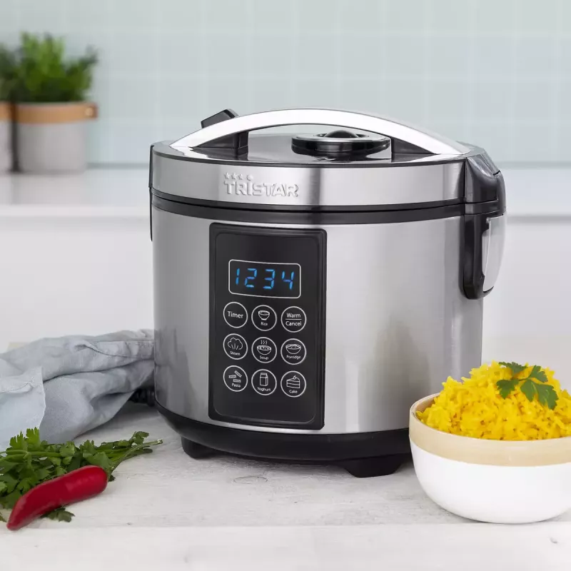 Panela elétrica Tristar RK-6132 — 1,5 L, 500 W, 7 programas automáticos, LCD, aço inoxidável/preto