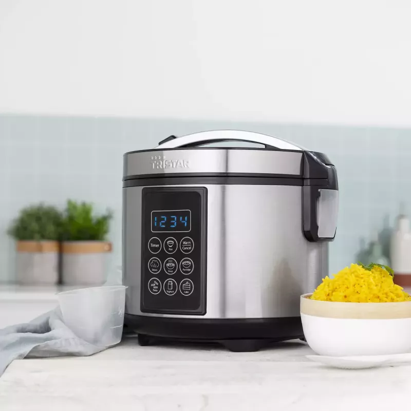 Panela elétrica Tristar RK-6132 — 1,5 L, 500 W, 7 programas automáticos, LCD, aço inoxidável/preto