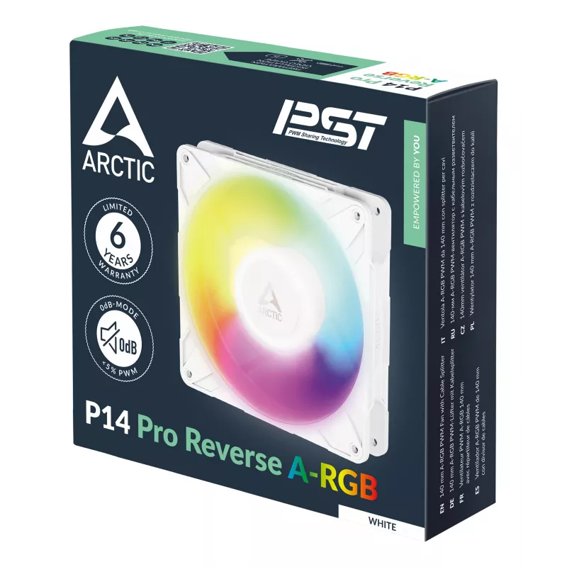 Ventoinha ARCTIC Freezer P14 Pro Reverse A-RGB (branco) - pack de 3 - ventoinha A-RGB PWM de 140 mm com divisor de cabo
