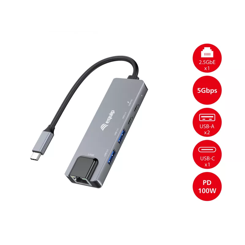 Adaptador multifunções 5-em-1 Equip, 2,5GbE, USB-A x 2, USB-C x 1, USB-C, 100W USB PD