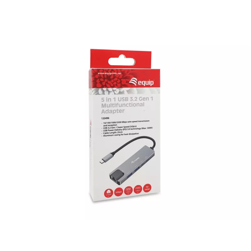 Adaptador multifunções 5-em-1 Equip, 2,5GbE, USB-A x 2, USB-C x 1, USB-C, 100W USB PD