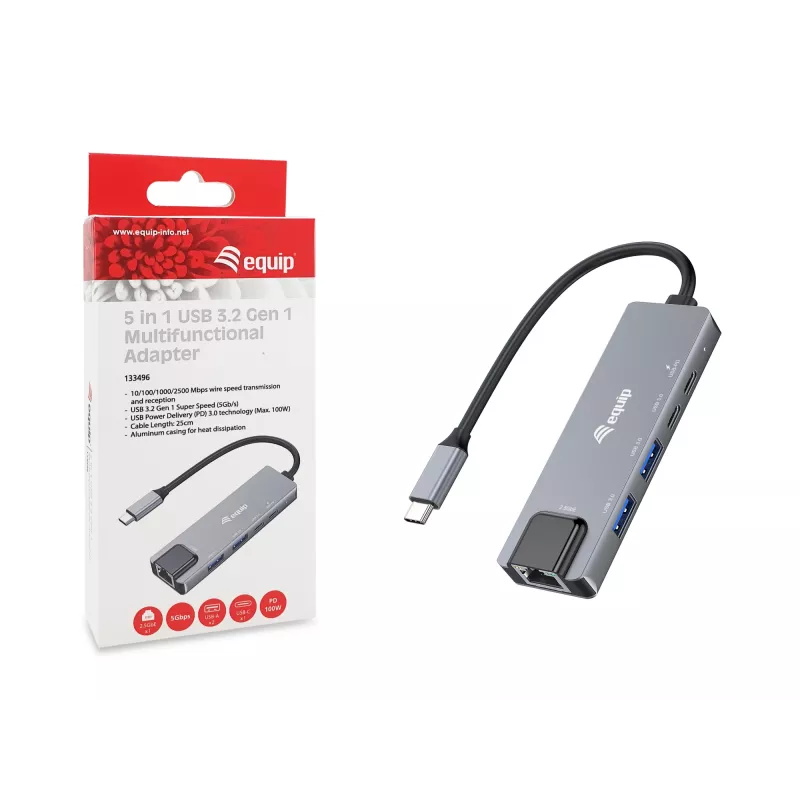Adaptador multifunções 5-em-1 Equip, 2,5GbE, USB-A x 2, USB-C x 1, USB-C, 100W USB PD