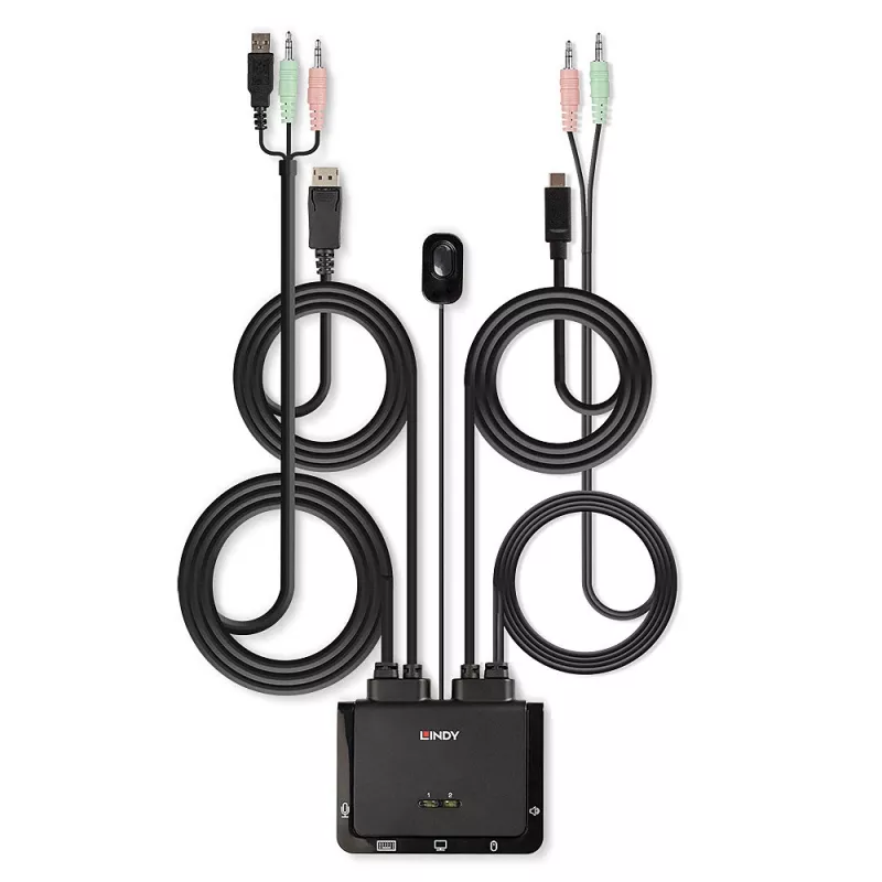 Comutador KVM Lindy 2 portas DisplayPort 1.2, USB Type-C, USB 2.0 e áudio