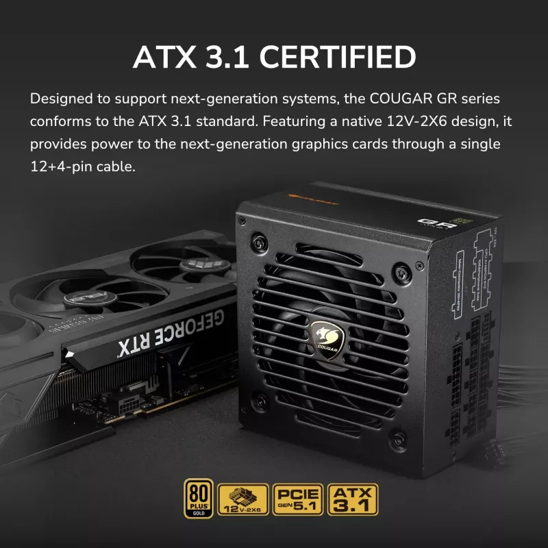 Fonte de alimentação Cougar GR 850W ATX3.1 PCIe 5.1 80 PLUS Gold, 850 W, 20+4-Pin ATX, ventoinha de 120 mm, preto