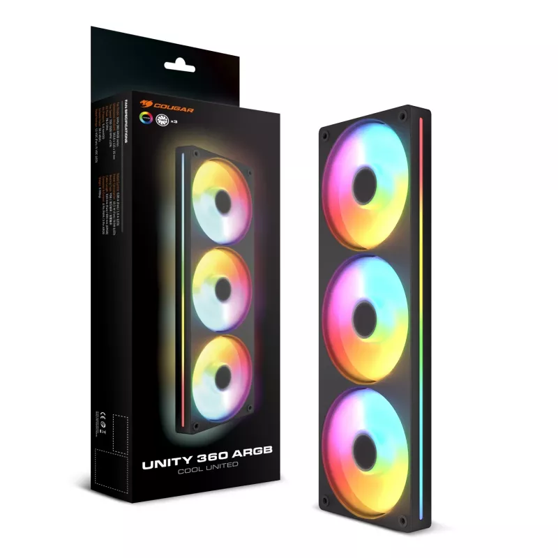 Cougar Unity360-FB Single-Frame 360 ARGB PWM Forward, 120mm×3, 700–2500 RPM, FDB, 5.4 mmH2O, preto